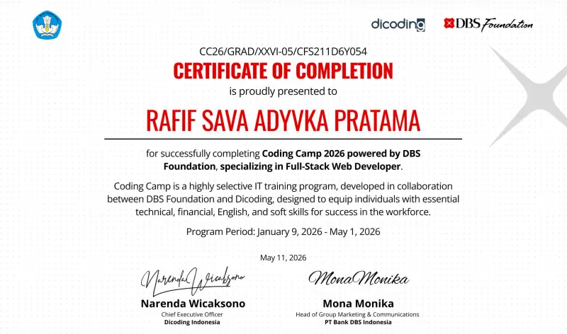 Official certificate for Coding Camp: Full Stack Developer