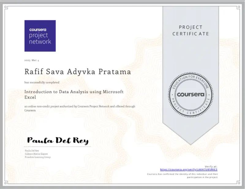 Official certificate for Belajar Dasar Data Analyst