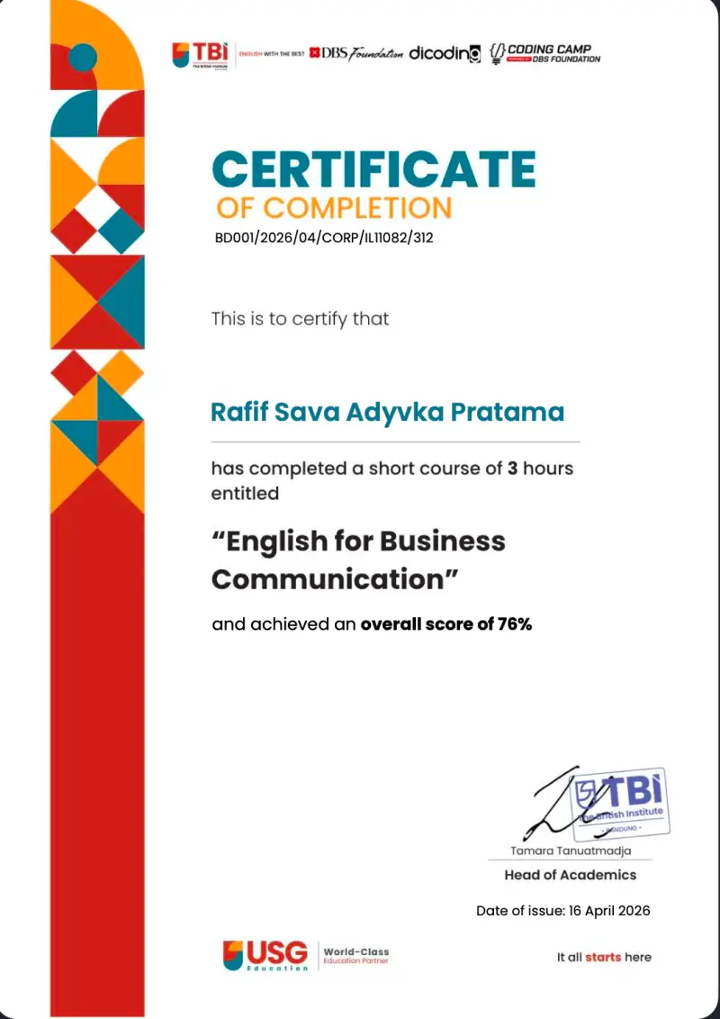 Official certificate for English Proficiency Assessment