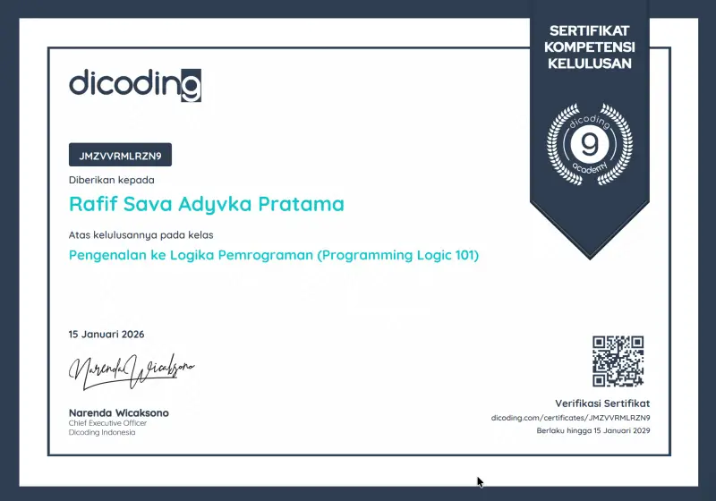 Official certificate for Pengenalan ke Logika Pemrograman