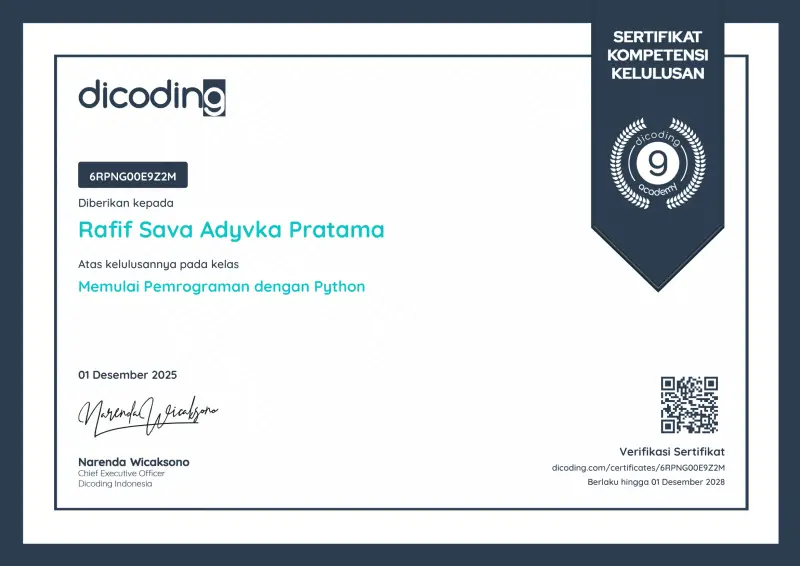 Official certificate for Memulai Pemrograman Dengan Python