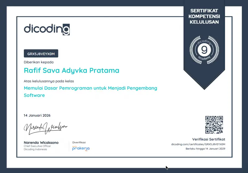 Official certificate for Meniti Karier Sebagai Software Developer